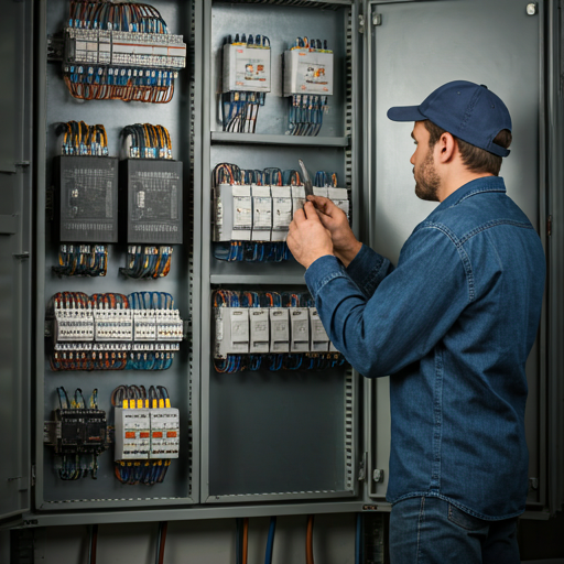 Electrician working on a complex electrical panel